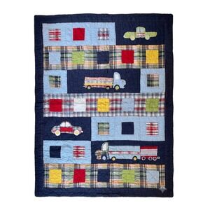 Pottery Barn Kids Vintage Twin Quilt Cars Trucks Plaid Patchwork Boys Nursery